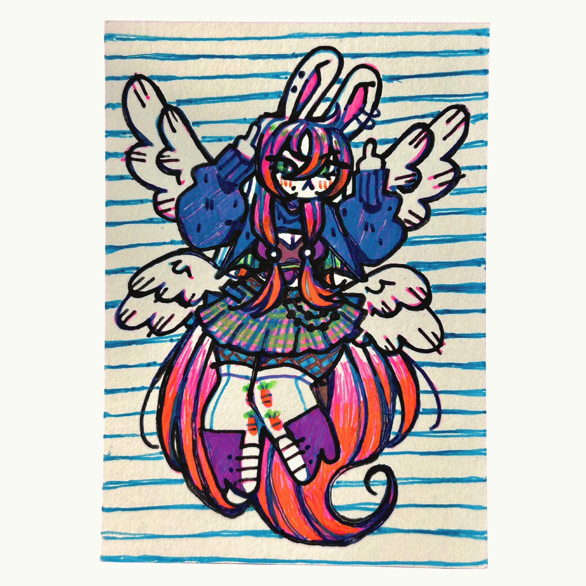 Drawing of a bunny e-girl with wings flipping the bird