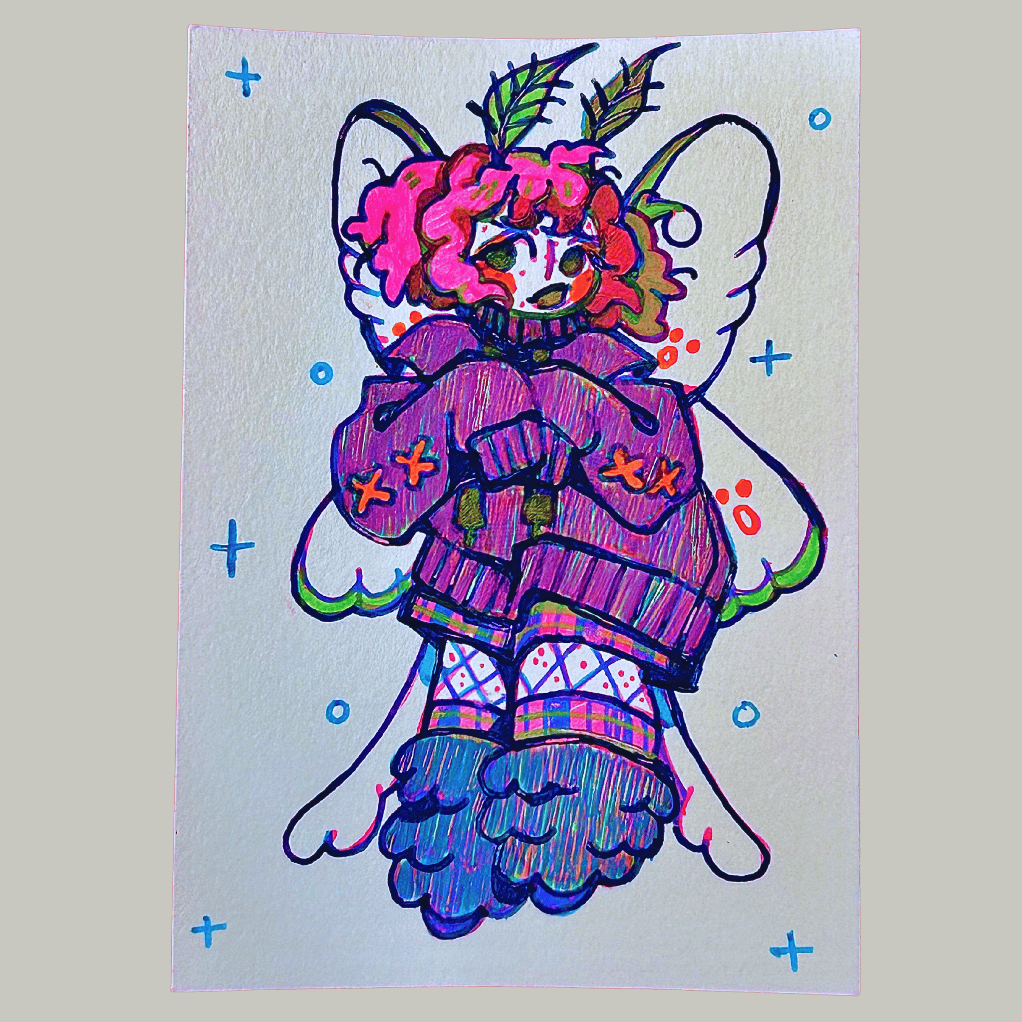 Colorful illustration of a moth girl in an oversized hoodie in a grey background.