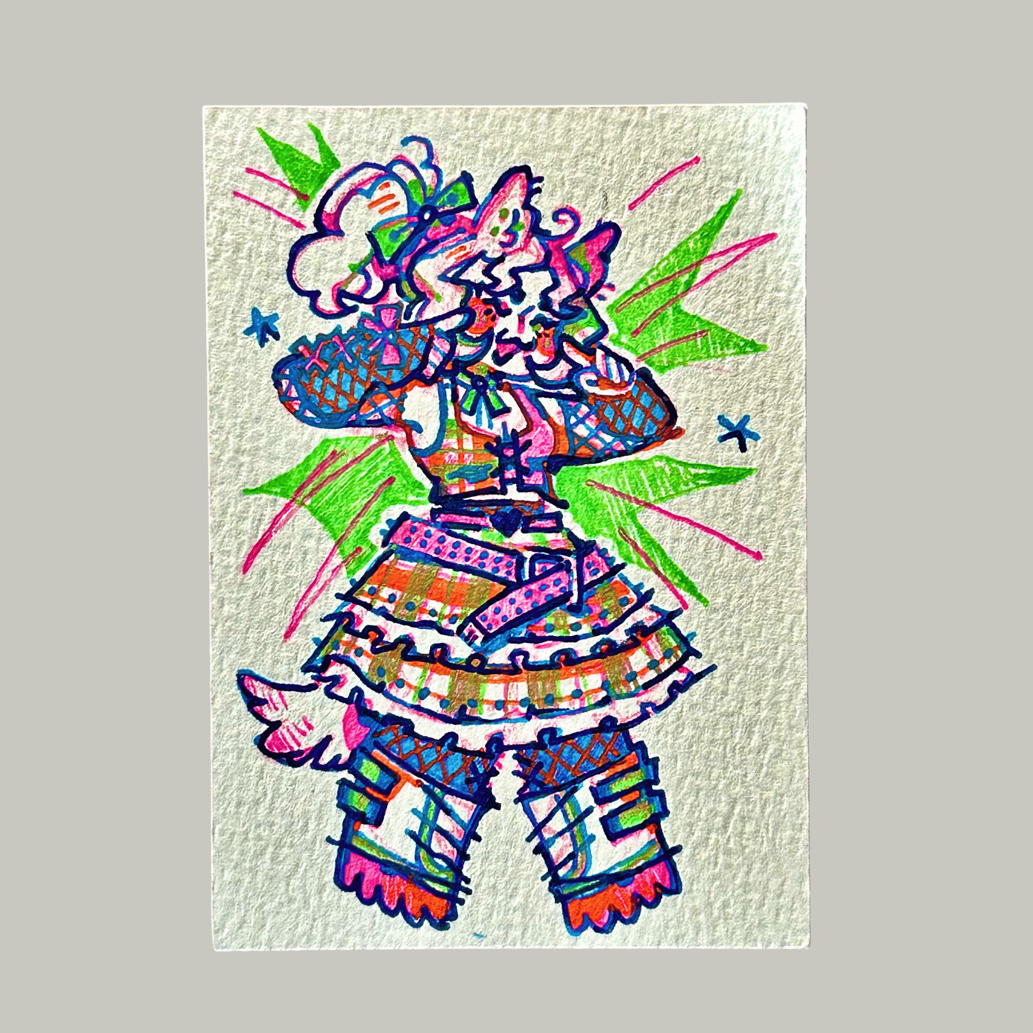 Pen art of a bubbly emo-scene dog girl