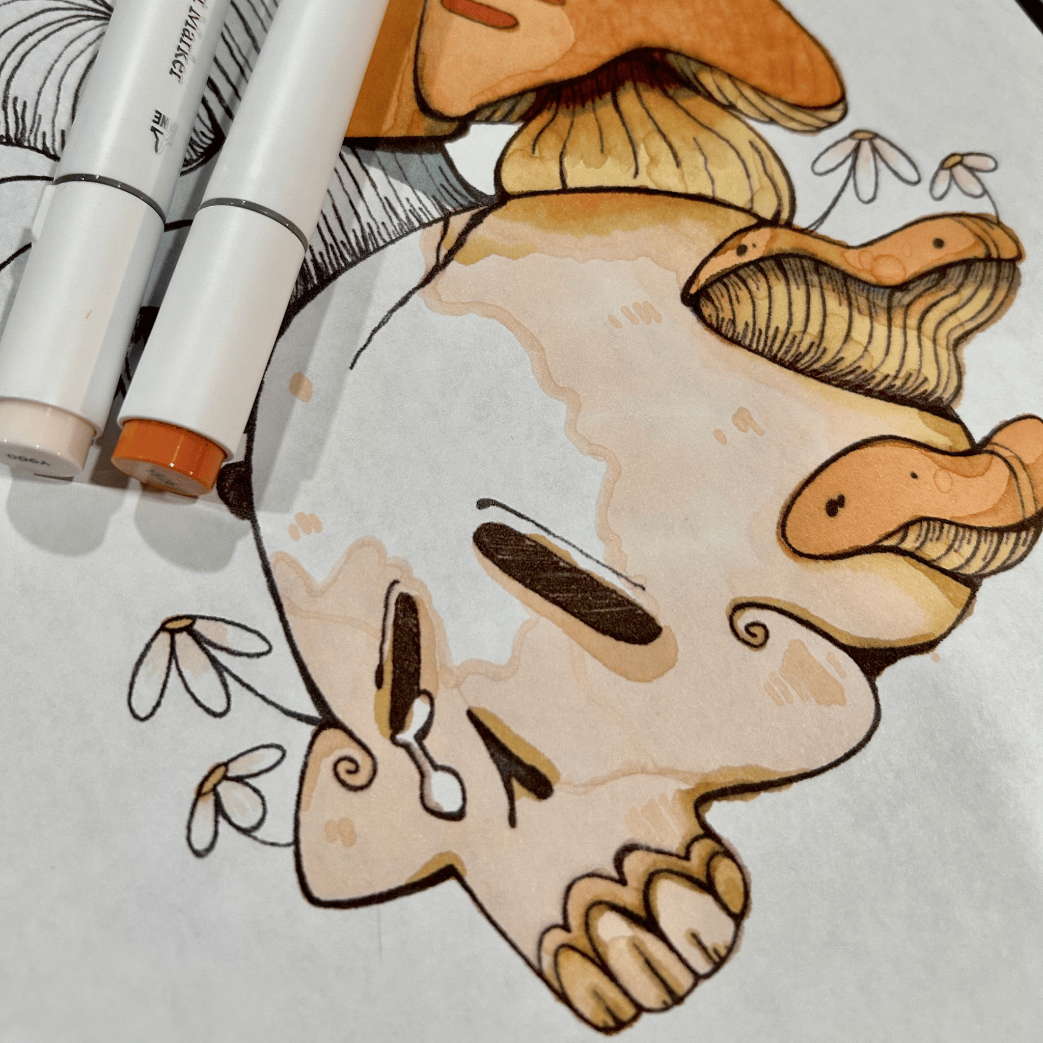 Illustration of a skull with mushrooms and flowers, using markers on paper.